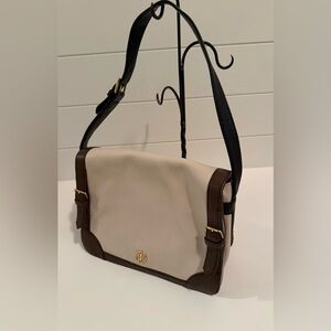 Tory Burch Cream and Brown Shoulder Messenger with Black Strap
